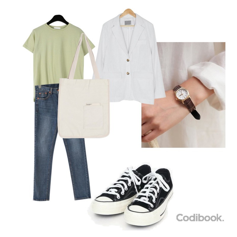 BANHARU two button loose fit jacket,SUNSHINE WITH ME 클래식카시오-watch,daily monday Slim silhouette modal tee등을 매치한 코디