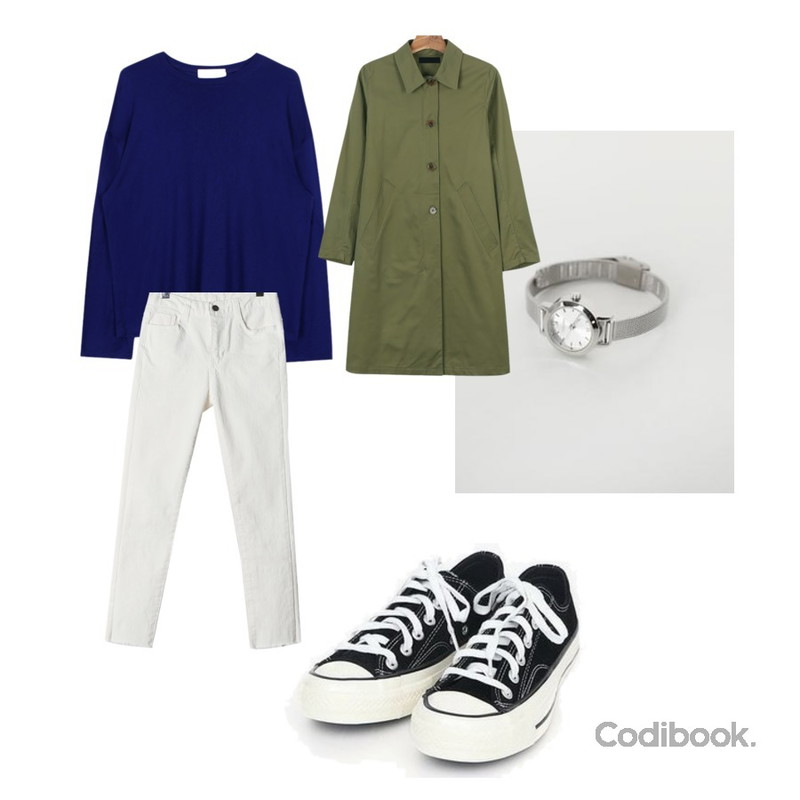 daily monday Color single trench coat,biznshoe Soft long sleeve tee (6color),AWAB 실버써클워치등을 매치한 코디