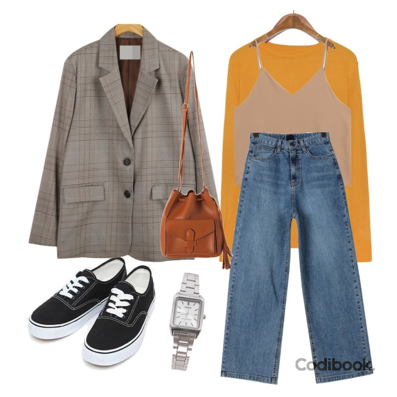 AIN daily casual sneakers (230-250),WHOSGIRL 브라운톤 체크자켓 (2 colors),common unique [TOP] 5 COLOR ANY ROUND GOLGI KNIT등을 매치한 코디