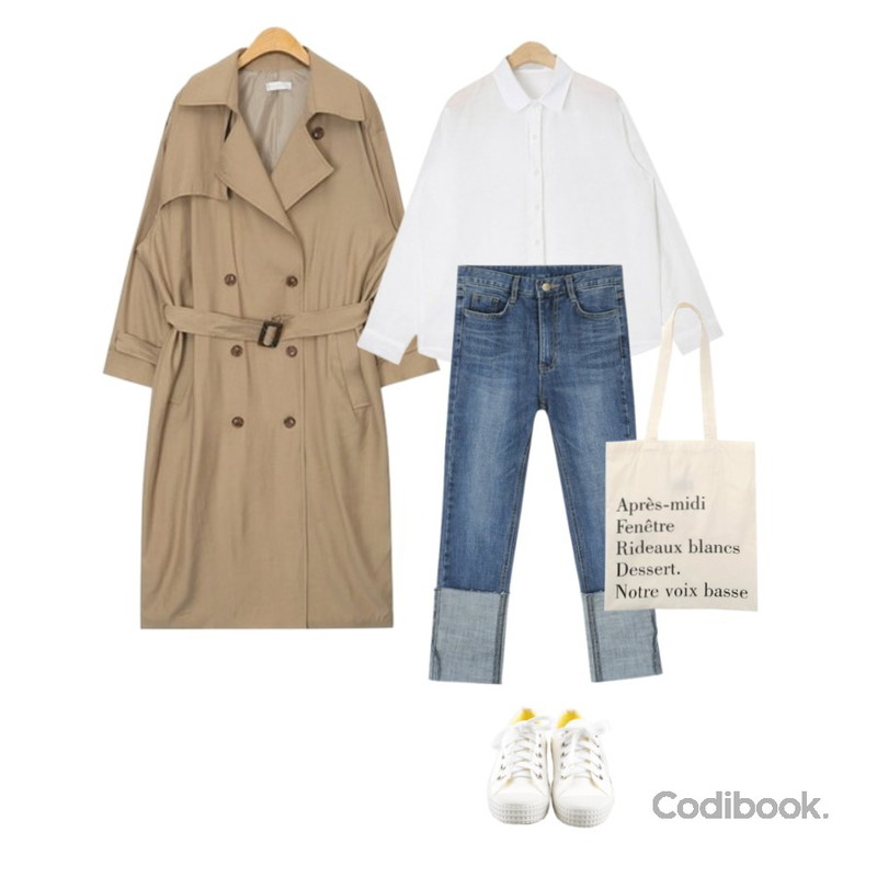 daily monday Roll-up blue washing skinny,AIN maxi long square belt trench coat (3 colors),AIN ramie touch shirts등을 매치한 코디