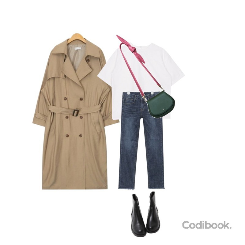 Rough & Detail 똑딱 절개 심플 워커,AIN maxi long square belt trench coat (3 colors),biznshoe Round half blouse (3colors)등을 매치한 코디