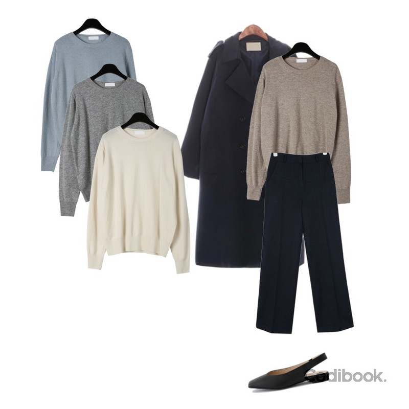 ROCOSIX swirl basic trench CT,daily monday Soft color daily knit,daily monday Soft color daily knit등을 매치한 코디