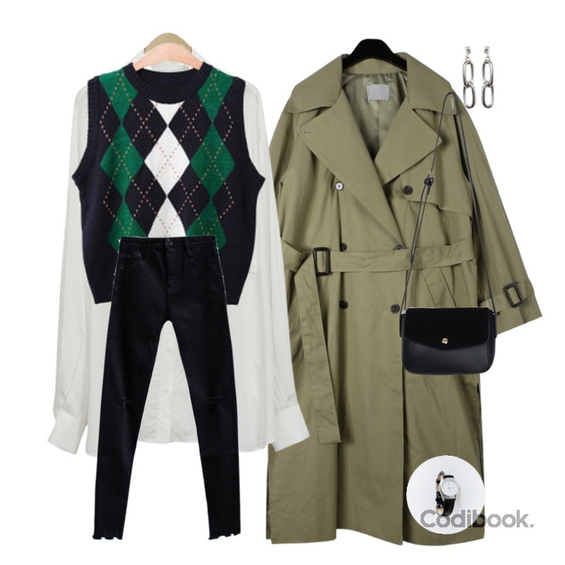 ENVYLOOK 아가일니트조끼,From Beginning Silky pocket loose blouse_K (size : free),daily monday Crispy texture daily trench coat등을 매치한 코디