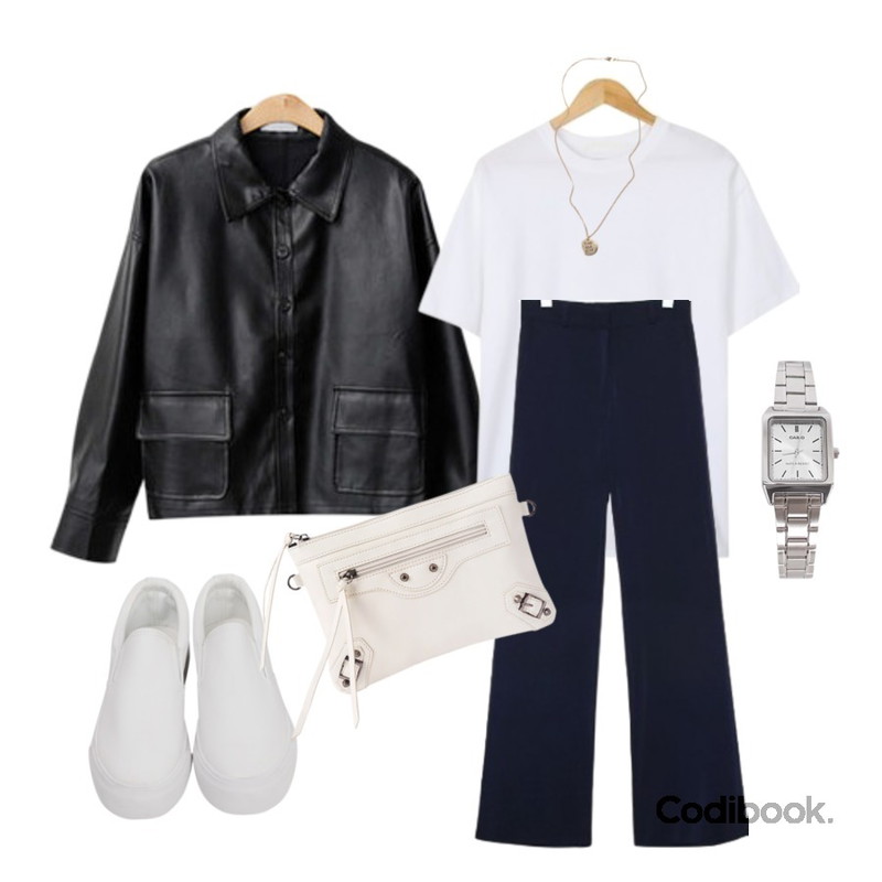 common unique [BOTTOM] SUPER SLIM SEMI BOOTS SLACKS,AWAB (1+1기획특가)칼라박스반팔,ENVYLOOK [22XX]멋더하기가죽자켓등을 매치한 코디
