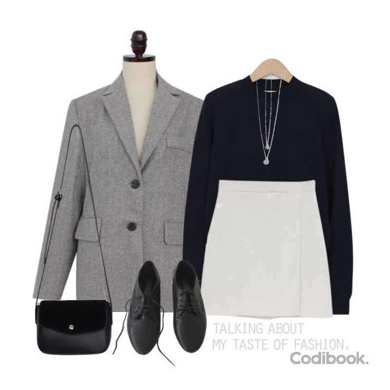 From Beginning Little half neck knit_S (size : free),NEW NEED NOW 무드로 에나멜 스커트(2color),Zemma World Modern-헤링본울자켓(울40%)등을 매치한 코디