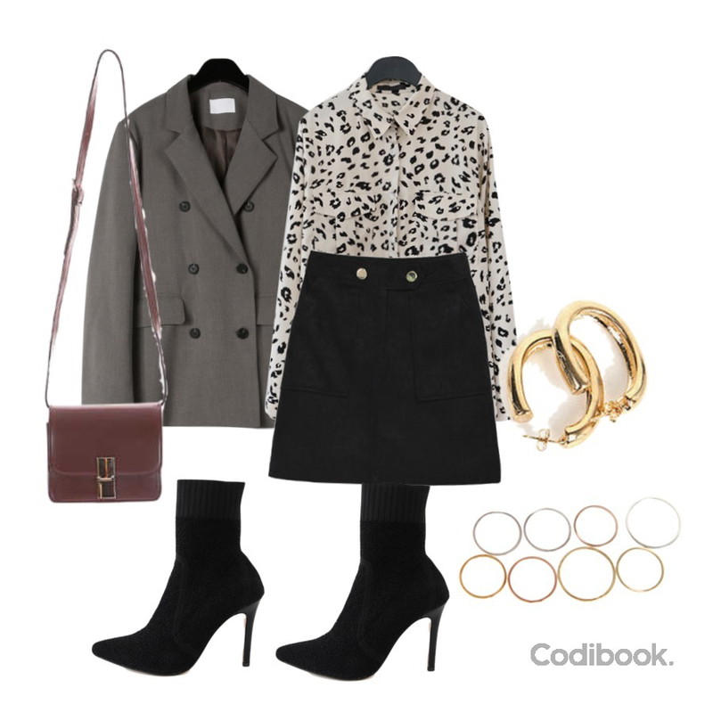 MIXXMIX 스웨이드 투버튼 스커트,daily monday Chic double button jacket,AFTERMONDAY leopard pattern shirt (2colors)등을 매치한 코디