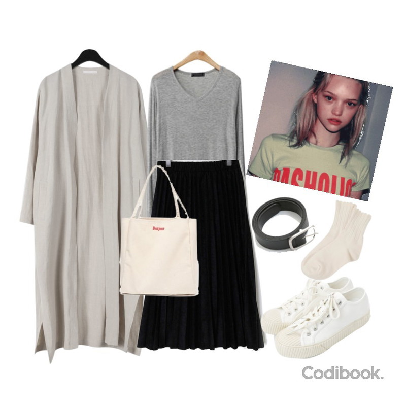 daily monday Comfy mood linen robe,ENVYLOOK 소프트터치브이넥티 1+1=SALE,binary01 스웨이드 트리 플리츠스커트등을 매치한 코디