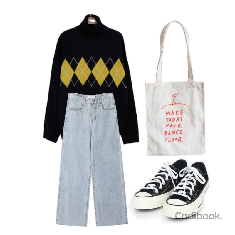 AIN wing straight denim pants (s, m, l),MASHYELLOW 플루어 미니 에코 백 (1colors),binary01 폴라 메이드 아가일니트등을 매치한 코디