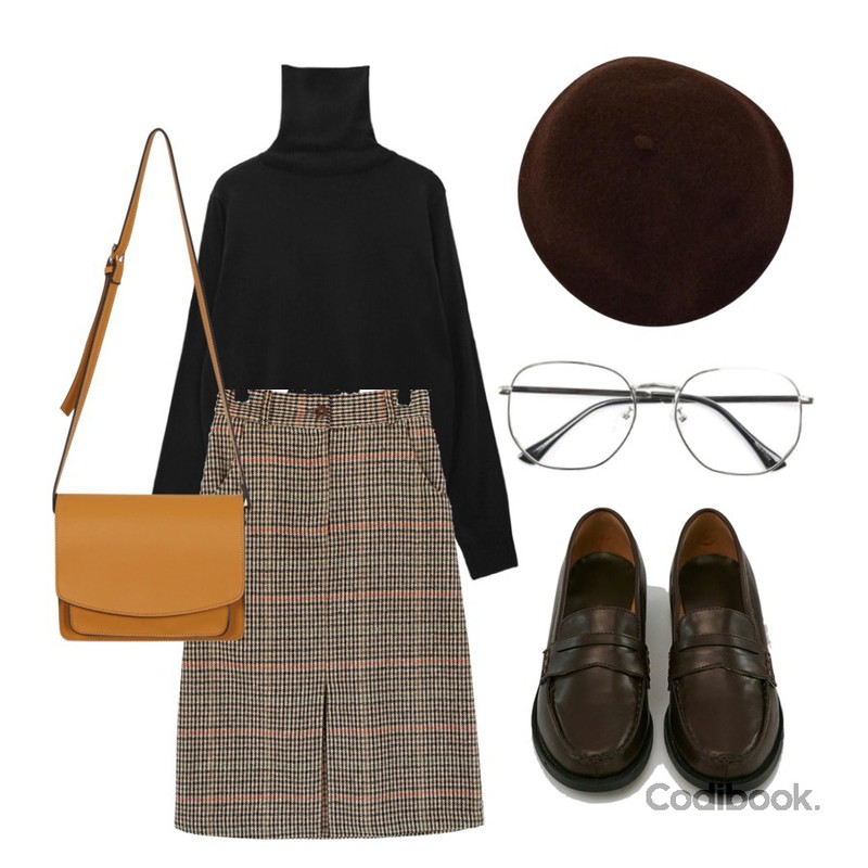 BANHARU classic penny loafer,common unique [TOP] 9 COLOR TURTLE NECK KNIT,common unique [SKIRT] DEEP CHECK BANDING MIDI SKIRT등을 매치한 코디