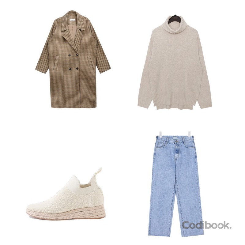 AIN appeal blue denim pants,common unique [TOP] LAMB`S WOOL 80% TURTLE NECK KNIT,MIXXMIX Essay Check Long Coat (Wool 10%)등을 매치한 코디