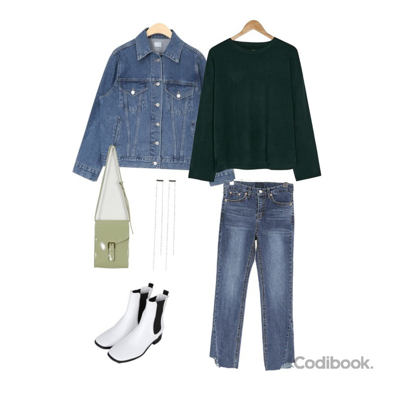 AIN levis standard denim jacket,ROCOSIX 무디 일자 데님 팬츠,somedayif slick ankle boots (3colors)등을 매치한 코디
