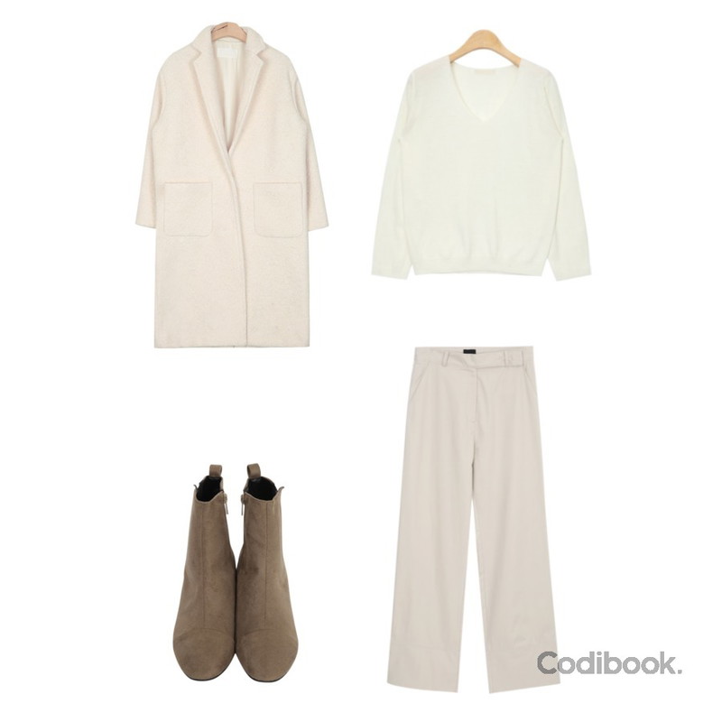 AIN pure boucle long coat (3 colors) ,AIN fresh color V-neck knit (4 colors),myblin 와이드 코튼 슬랙스등을 매치한 코디