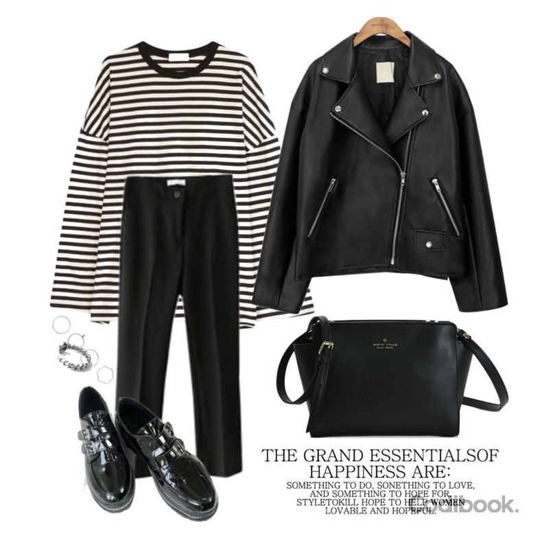 common unique [OUTER] BLACK PLAT RIDER JACKET,BANHARU daily simple 4ring set,GIRLS RULE 롤리팝 단가라 티셔츠 (t5301)등을 매치한 코디