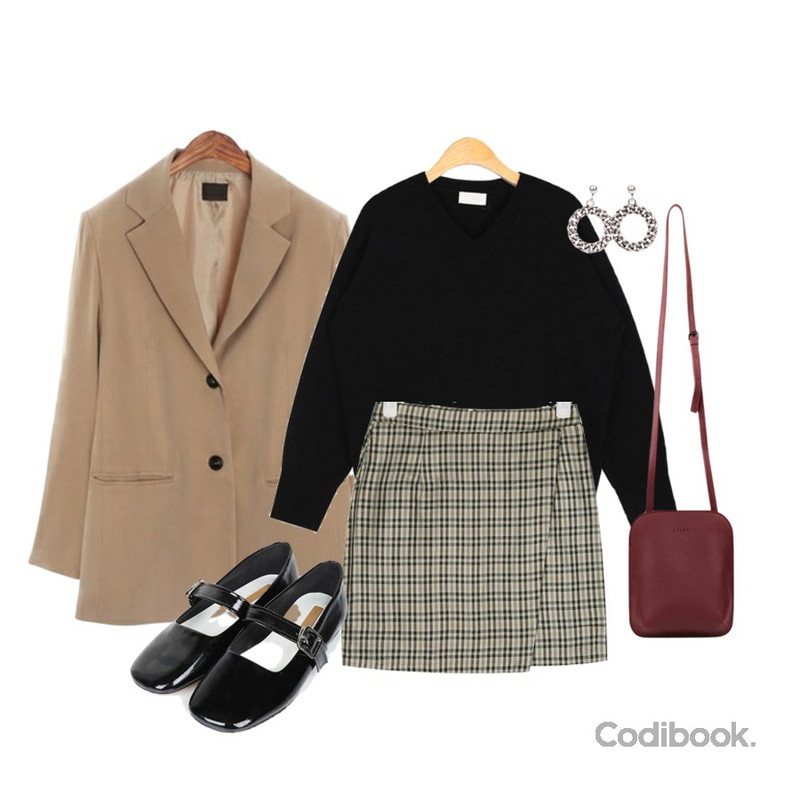 ROCOSIX papa standard JK,AIN unbalance check mini skirt (s, m),AIN rib hem lambswool knit등을 매치한 코디
