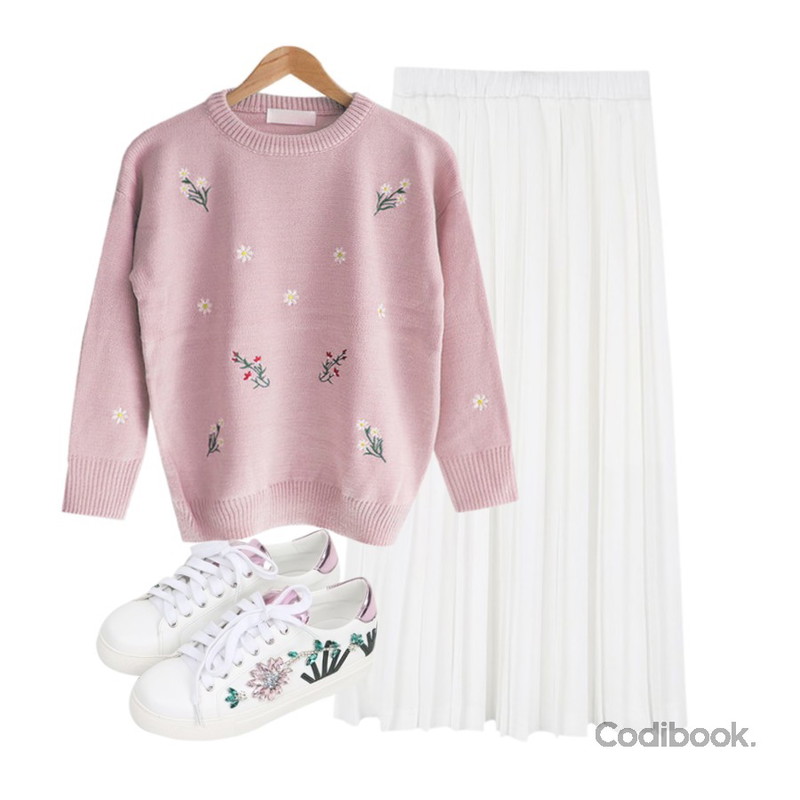 Monobabie [RK1415] 로드니2.5cm,daily monday Piano long pleats skirt,MASHYELLOW 멜린 플라워 자수 라운드 니트 (3colors)등을 매치한 코디
