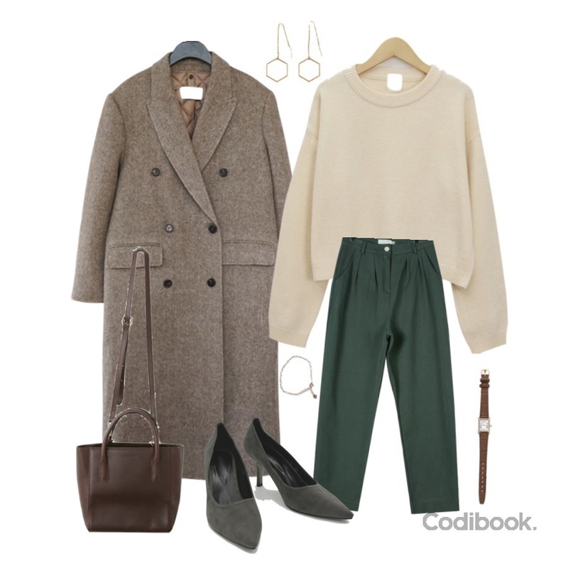 AFTERMONDAY duck down inner handmade coat (3colors),daily monday Boyfit pintuck cotton pants,From Beginning Blush wool crop knit_S (울 80%) (size : free)등을 매치한 코디