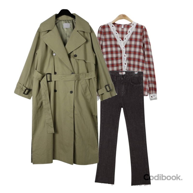 common unique [BOTTOM] HOLD SEMI BOOTS DENIM PANTS,ENVYLOOK [22XX]로망블라우스,daily monday Crispy texture daily trench coat등을 매치한 코디