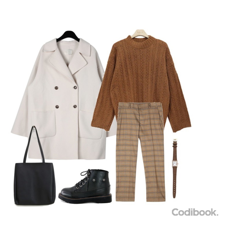 openthedoor retro check slacks (2 color) - UNISEX,daily monday Handmade double button coat,BLINGIT 플라워짜임니트티등을 매치한 코디