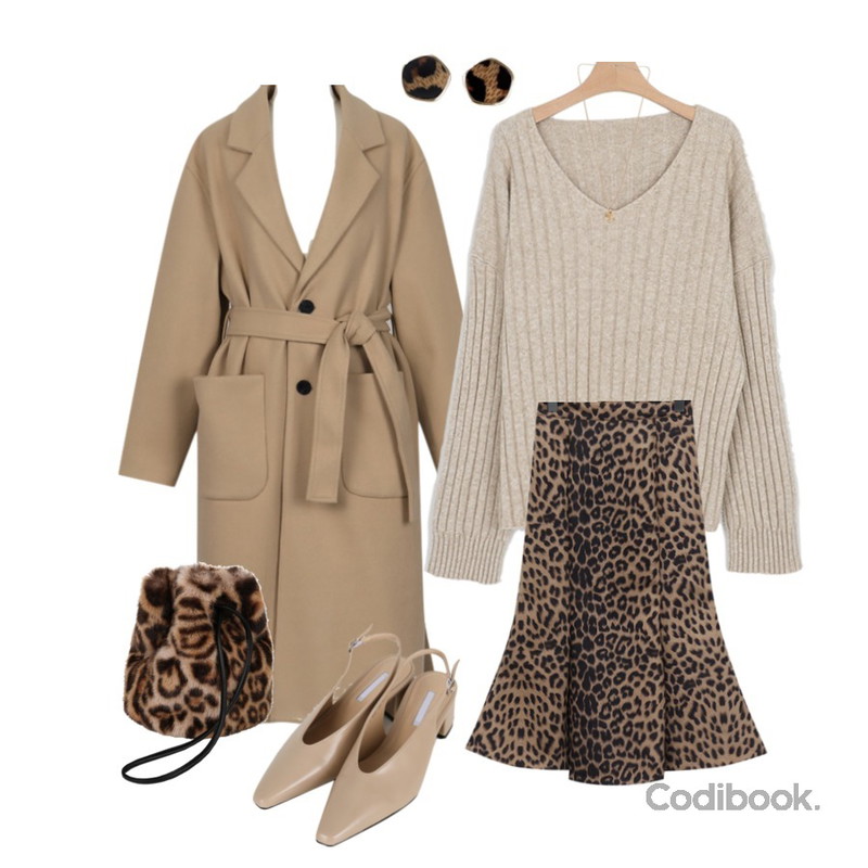 From Beginning Blanc single belt coat_M (size : free)[예약주문 : 10월 22일 입고],somedayif queen v-neck loose knit (3colors),From Beginning Leopard tension mermaid skirt_M (size : free)등을 매치한 코디