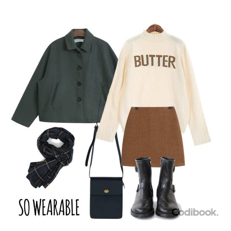 BANHARU square shape buckle point bag,TODAY ME 리우 자켓,ROCOSIX 버터 반 폴라 니트등을 매치한 코디