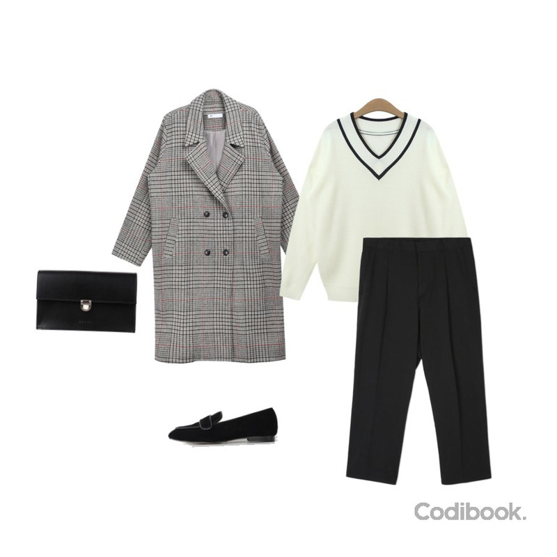 TODAY ME [던지기]로인트 브이넥 니트,MIXXMIX Essay Check Long Coat (Wool 10%),openthedoor semi crop slacks (2 color) - UNISEX등을 매치한 코디