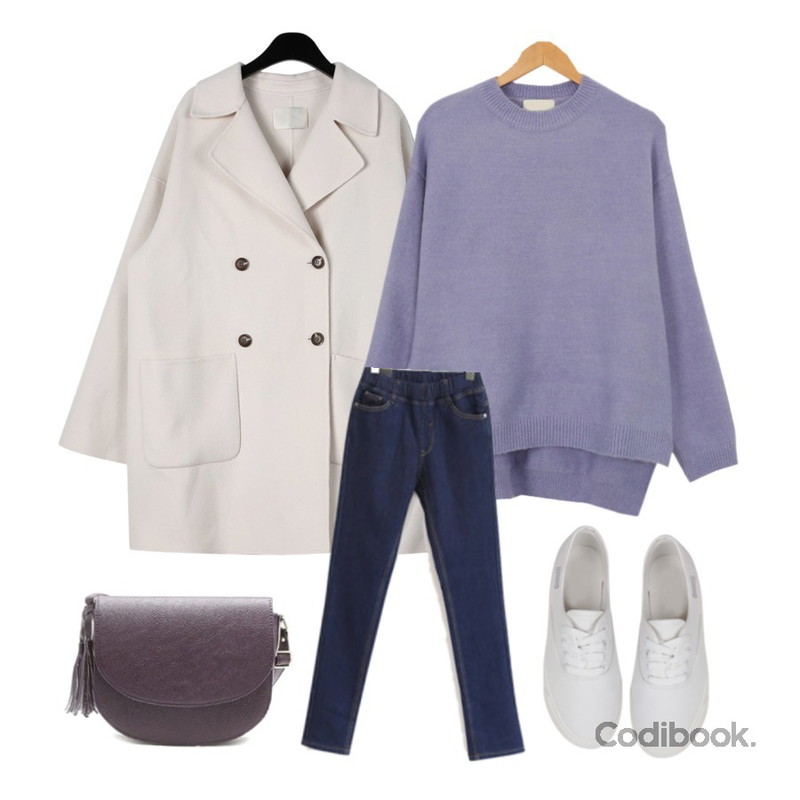 ROCOSIX 메틴데님팬츠,daily monday Handmade double button coat,AWAB 멜랑모모라운드니트등을 매치한 코디