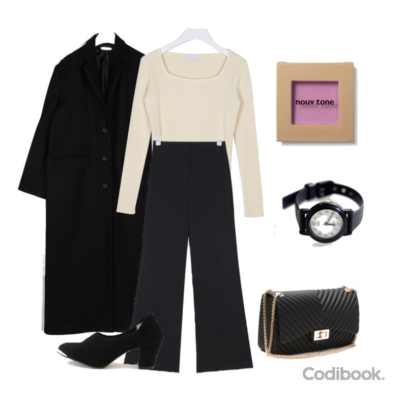 AIN more semi boots cut slacks (s, m),moaol single stylish long coat (2colors),moaol square shape knit (2colors)등을 매치한 코디