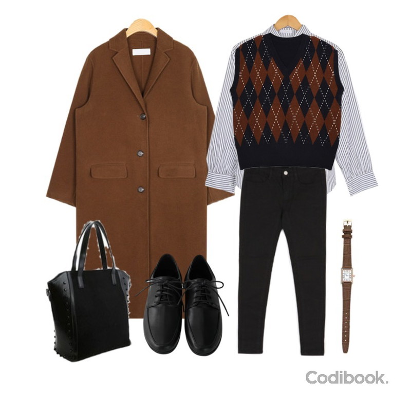 BULLANG GIRL 모노컬러스키니P,AWAB (1+1기획특가)캐노피셔츠,AIN maple long handmade coat (wool50%)등을 매치한 코디