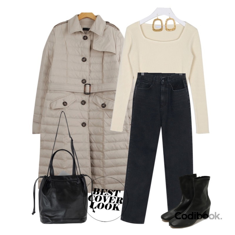 From Beginning Like boy-fit long denim_K (size : S,M,L),WHOSGIRL 구스다운 솜털80% 경량 트렌치패딩,moaol square shape knit (2colors)등을 매치한 코디