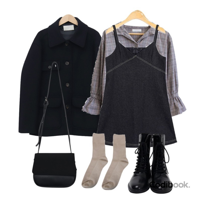 dearbutton 레이디 타탄 체크 블라우스 (2colors),AIN stitch mini denim ops,From Beginning Tomboy pocket wool coat_M (울 70%) (size : free)등을 매치한 코디