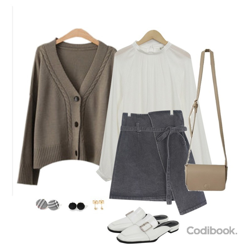From Beginning Made_top-142_wrinkle avant blouse_K (size : free),ENVYLOOK [22XX]오믈렛가디건,GIRLS RULE 언발 리본 랩 데님스커트 (sk1418)등을 매치한 코디