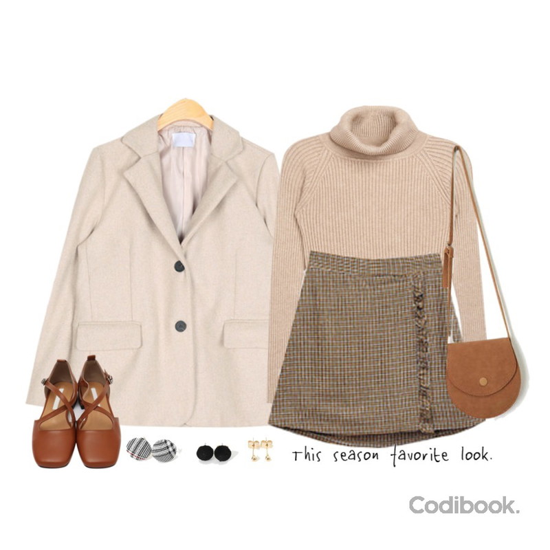 AIN jane tailored wool jacket,MIXXMIX Slim Turtleneck Kint Top,BLINGIT 옆프릴체크미니스커트등을 매치한 코디