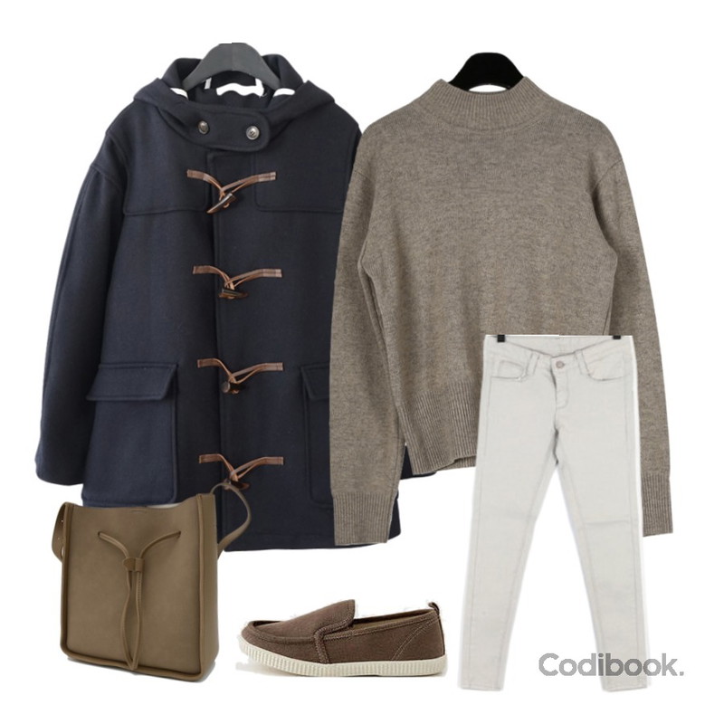 BULLANG GIRL 모노컬러스키니P,AFTERMONDAY hood duffle half coat (3colors),daily monday Half neck wearable knit등을 매치한 코디