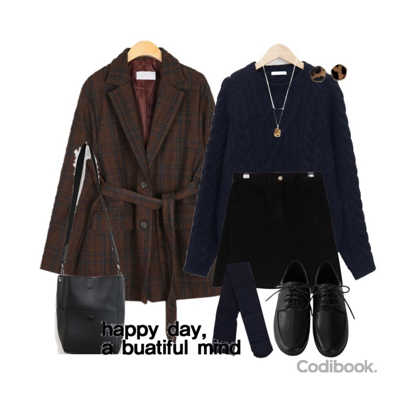 GIRLS RULE 라이언 스커트 (sk1439),From Beginning Have cable wool knit_K (울 60%) (size : free),AIN slit belted check jacket등을 매치한 코디