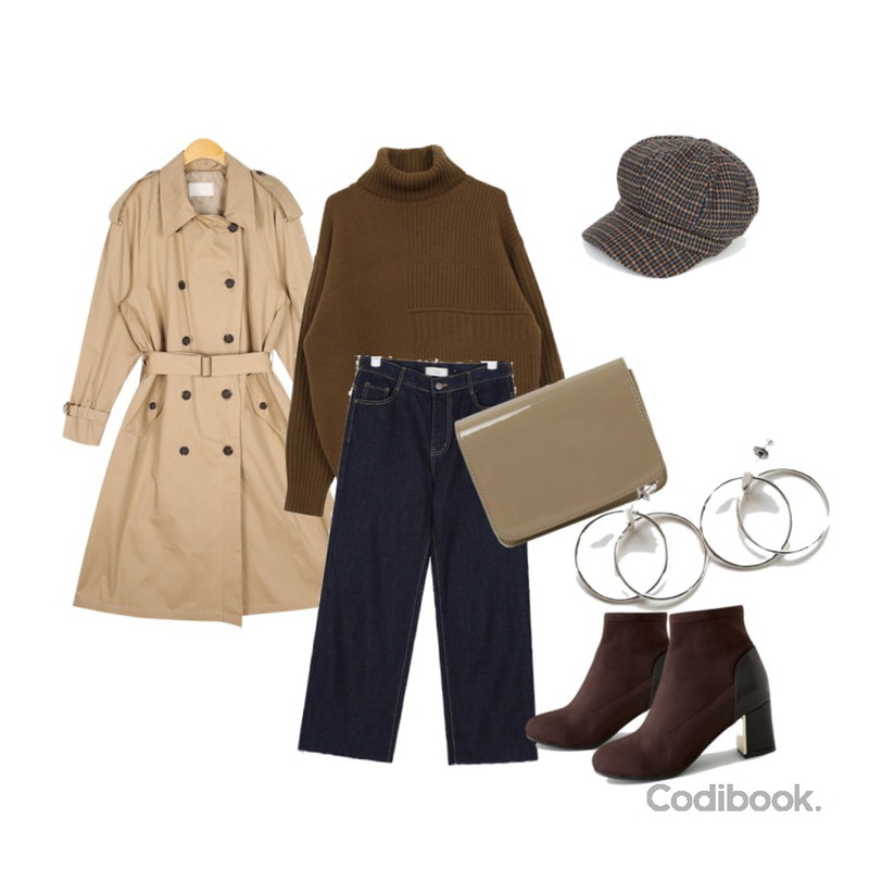 biznshoe Wool turtle knit (4color),AIN appeal blue denim pants,AIN low french trench coat등을 매치한 코디