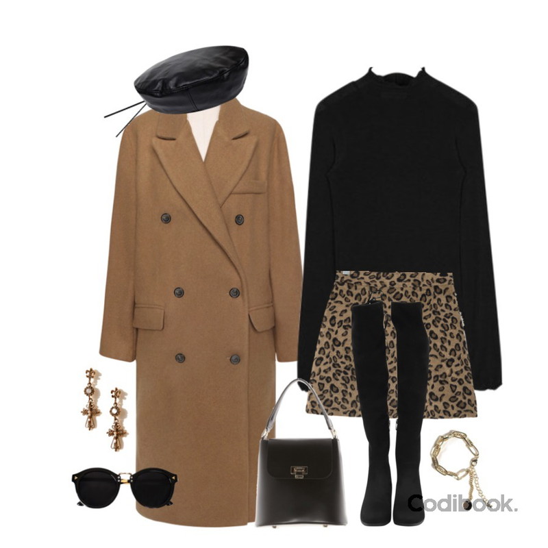 AIN FRESH A wave polar T,common unique [OUTER] LOOSE FIT WOOL 50% DOUBLE COAT,BANHARU sensual leopard skirt등을 매치한 코디