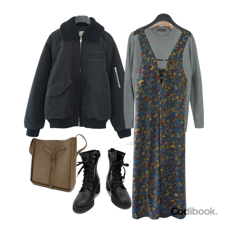 AFTERMONDAY vintage chic flower long drees (2colors),AFTERMONDAY dumble flight jumper (2colors),Zemma World 기획특가/ Dayone-램스울니트(램스울60%)등을 매치한 코디