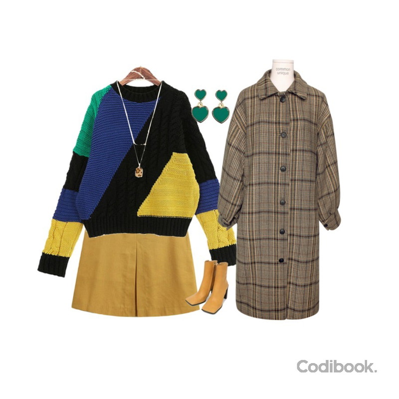 TODAY ME [던지기]버찌 스커트,common unique [OUTER] HOUND CHECK SINGLE WOOL COAT,ROCOSIX 톤앤톤 라운드 니트등을 매치한 코디