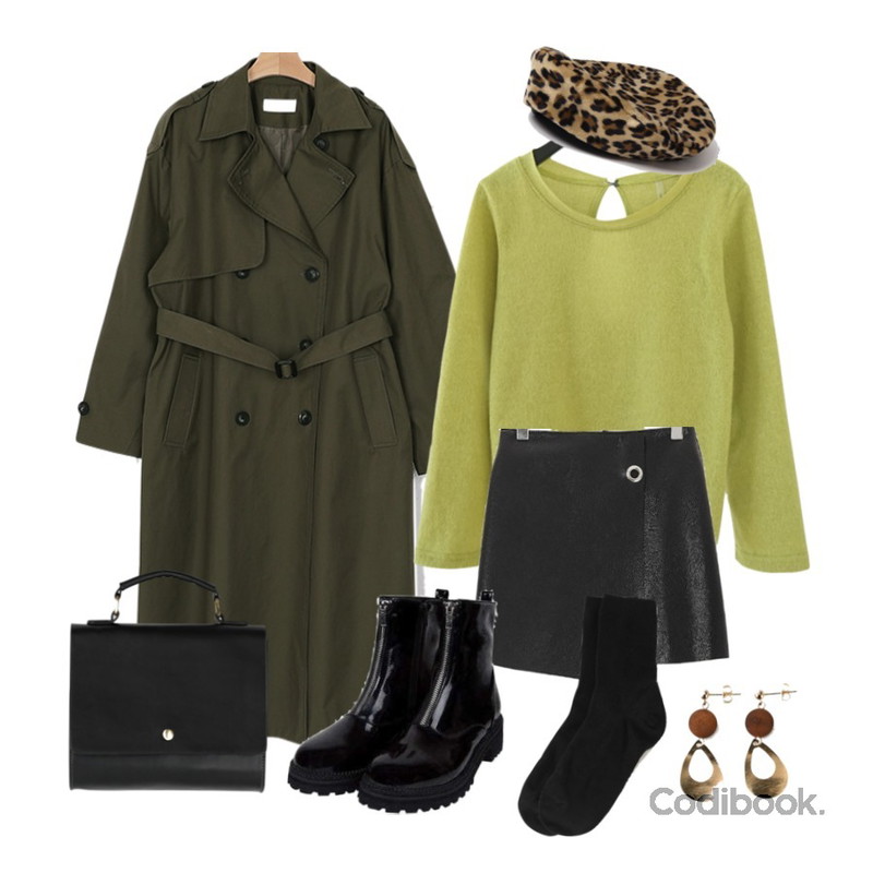 somedayif rain boxy double trench coat (3colors),ROCOSIX 마이션 가죽 스커트,AFTERMONDAY soft color back vent banding knit (tea green)등을 매치한 코디