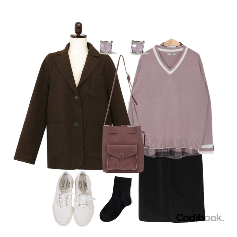 MIXXMIX 딥 브이넥 배색 니트(남녀공용),LOVELY SHOES 우즈 체크 남방,Zemma World Kind-골덴롱스커트등을 매치한 코디