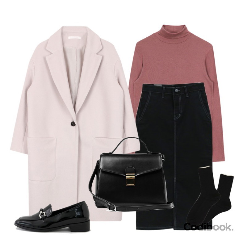 biznshoe Pocket long coat (4color),biznshoe Tencel turtle-neck tee (5color),NEW NEED NOW 밀라 블랙 스커트등을 매치한 코디