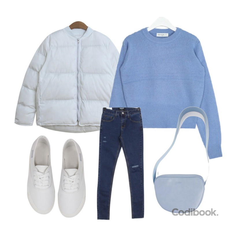 BULLANG GIRL 쫀쫀워싱컷팅P(당일출고),TODAY ME 니안 패딩,AIN FRESH A angora knit등을 매치한 코디