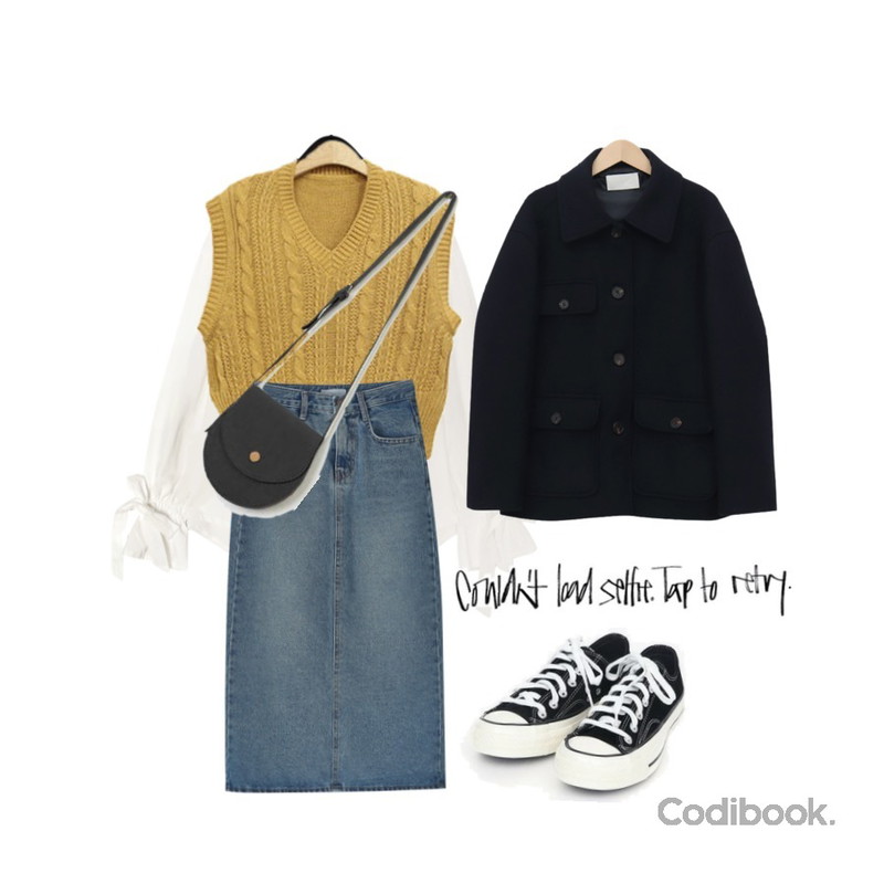 BANHARU back slit denim skirt,common unique [TOP] HALF NECK STRAP CUFFS BLOUSE,BLINGIT 꽈배기니트조끼등을 매치한 코디