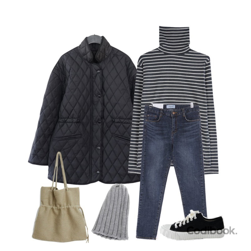 GIRLS RULE 단가라 폴라 티 (t5528),UPTOWN HOLIC #셀렉진 006 pants,AFTERMONDAY button quilting jumper (2colors)등을 매치한 코디