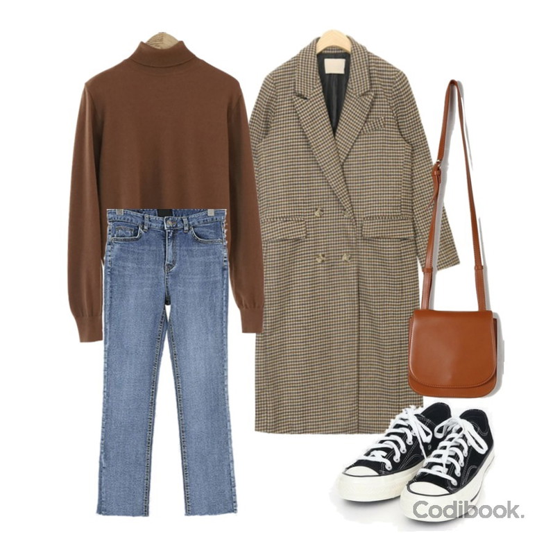 AIN most vintage check wool coat,ROCOSIX 클론 데님 팬츠 - O,AFTERMONDAY soft color half knit top(8colors)등을 매치한 코디