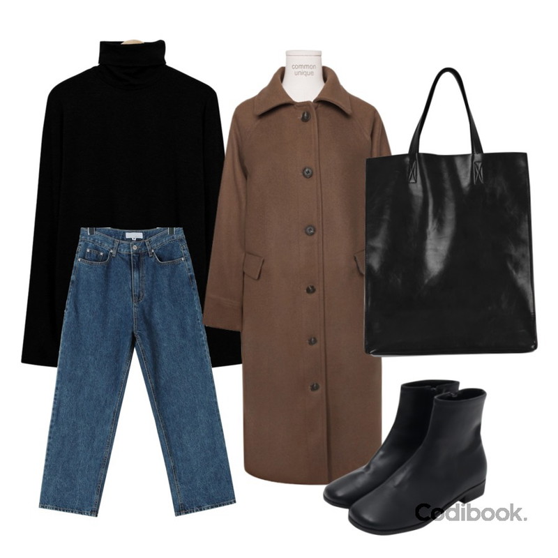 daily monday Vintage mood denim pants,common unique [OUTER] NORDIC WOOL RAGLAN LONG COAT,From Beginning Soft layered tension pola T_B (size : free)등을 매치한 코디