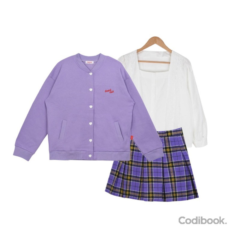 BULLANG GIRL 꽃무늬펀칭BL,MIXXMIX Heart Button Soft Cardigan,MIXXMIX 베리 체크 테니스 스커트등을 매치한 코디
