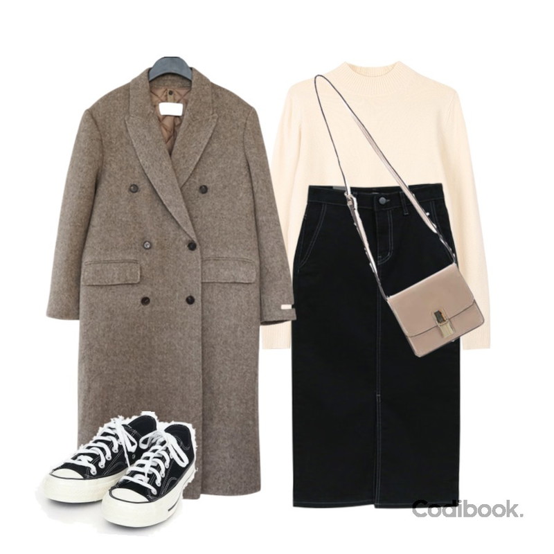 biznshoe Soft half neck knit (12color),NEW NEED NOW 밀라 블랙 스커트,AFTERMONDAY duck down inner handmade coat (3colors)등을 매치한 코디