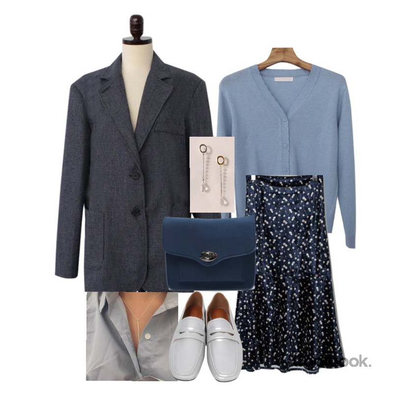 lavenir (silver925) middle stick necklace,Zemma World Cloud-울가디건 (울45%),Zemma World Checks-체크울자켓(울40%)등을 매치한 코디