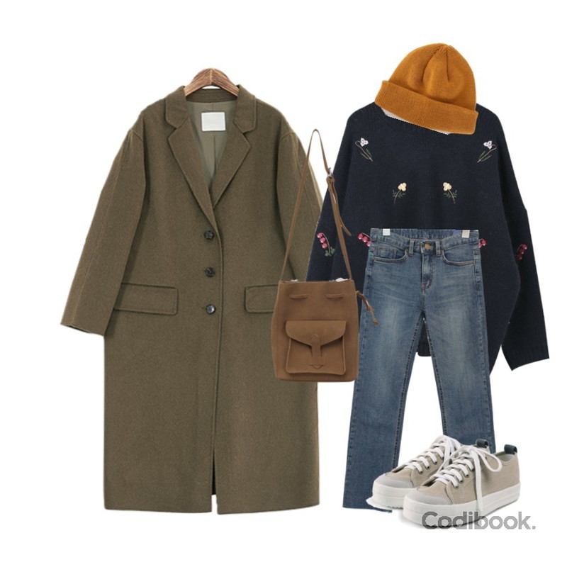 common unique [BOTTOM] HIGH CUTTING DENIM PANTS,daily monday Floral needlepoint knit,ROCOSIX 라베 울 코트등을 매치한 코디